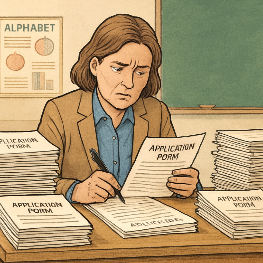 Teacher reviewing application forms, highlighting challenges in recruitment policies.