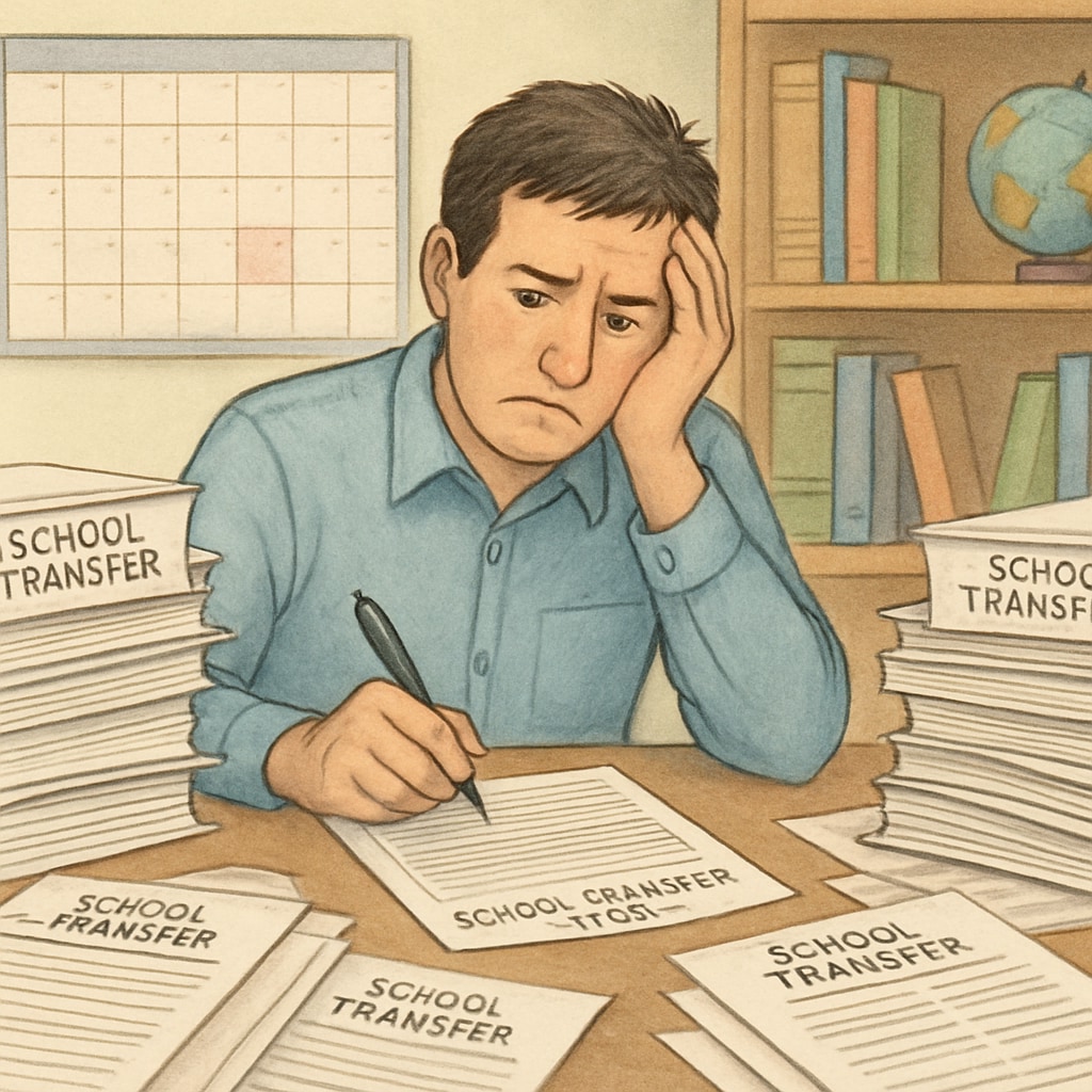 Parent struggling with school transfer paperwork, highlighting bureaucratic barriers.
