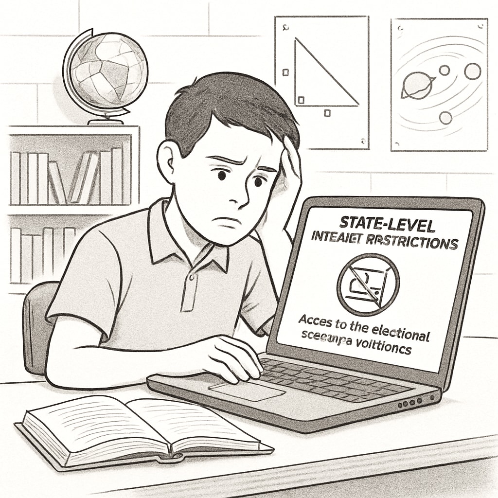 Illustration of a student attempting to access restricted educational content due to state-level internet regulations. Student facing restricted access to educational content due to internet regulations.