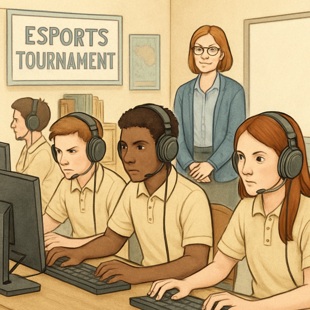 A group of students participating in an esports tournament as part of their classroom activity. Students engaged in an esports tournament demonstrating game-based learning and education.