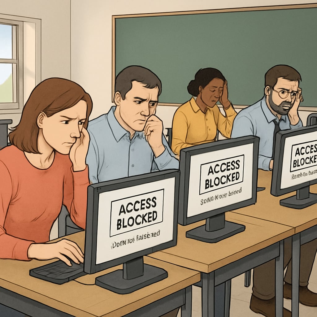 Conceptual image showing educators struggling to access blocked websites on school computers due to content restrictions. Educators navigating blocked websites due to state-level internet content policies.