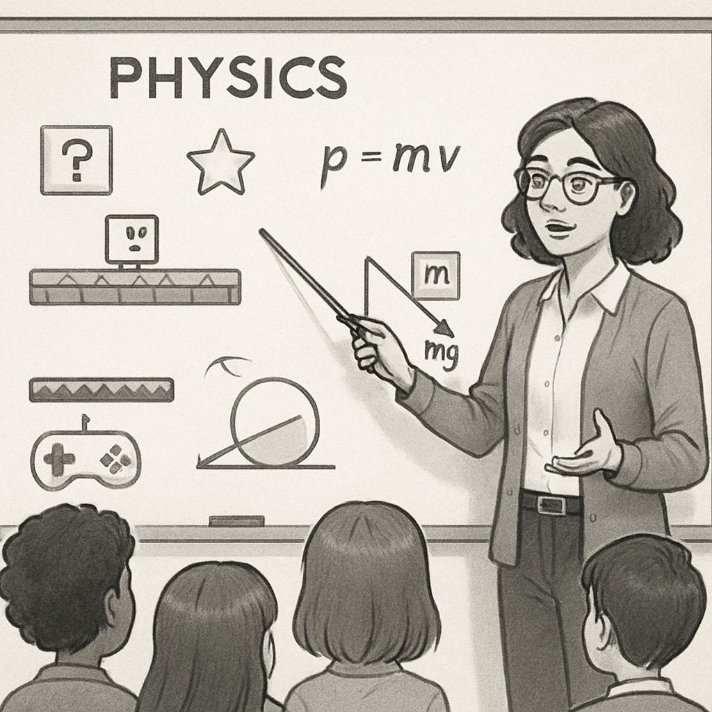 A teacher guiding students through a lesson that incorporates video game mechanics to teach physics. Teacher using video games to teach physics concepts in a classroom setting.