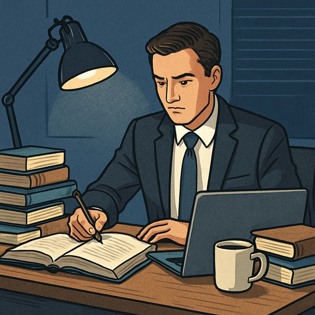A busy professional studying late at night while working full-time, representing the balance of education and career. A working professional balancing master's degree studies and career responsibilities.
