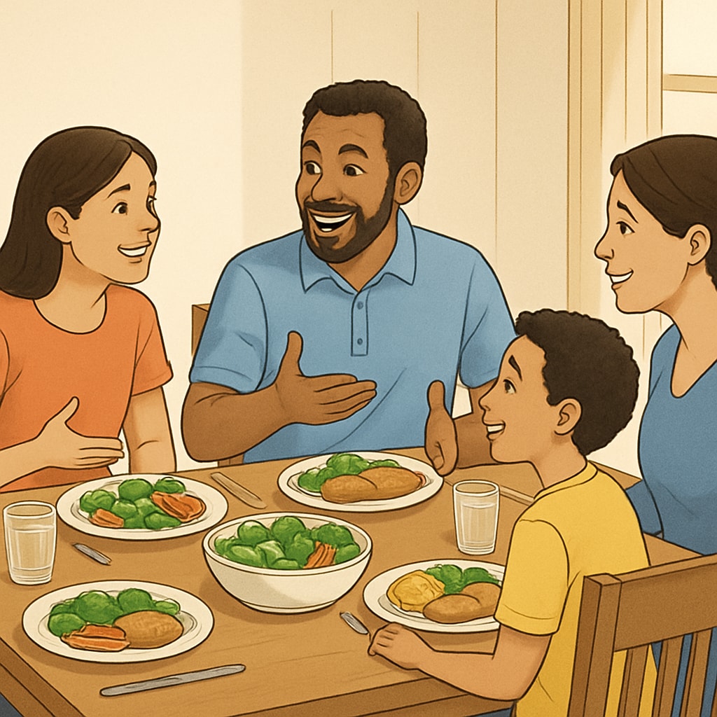Family discussing plans and enjoying a healthy meal to promote teen education and healthy habits