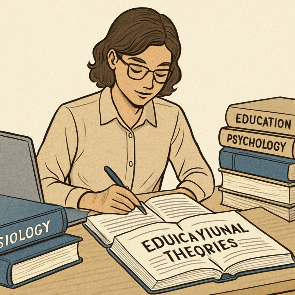 A biology graduate studying educational theories with textbooks and a laptop. A biology graduate preparing for a master’s in education by studying teaching methodologies.