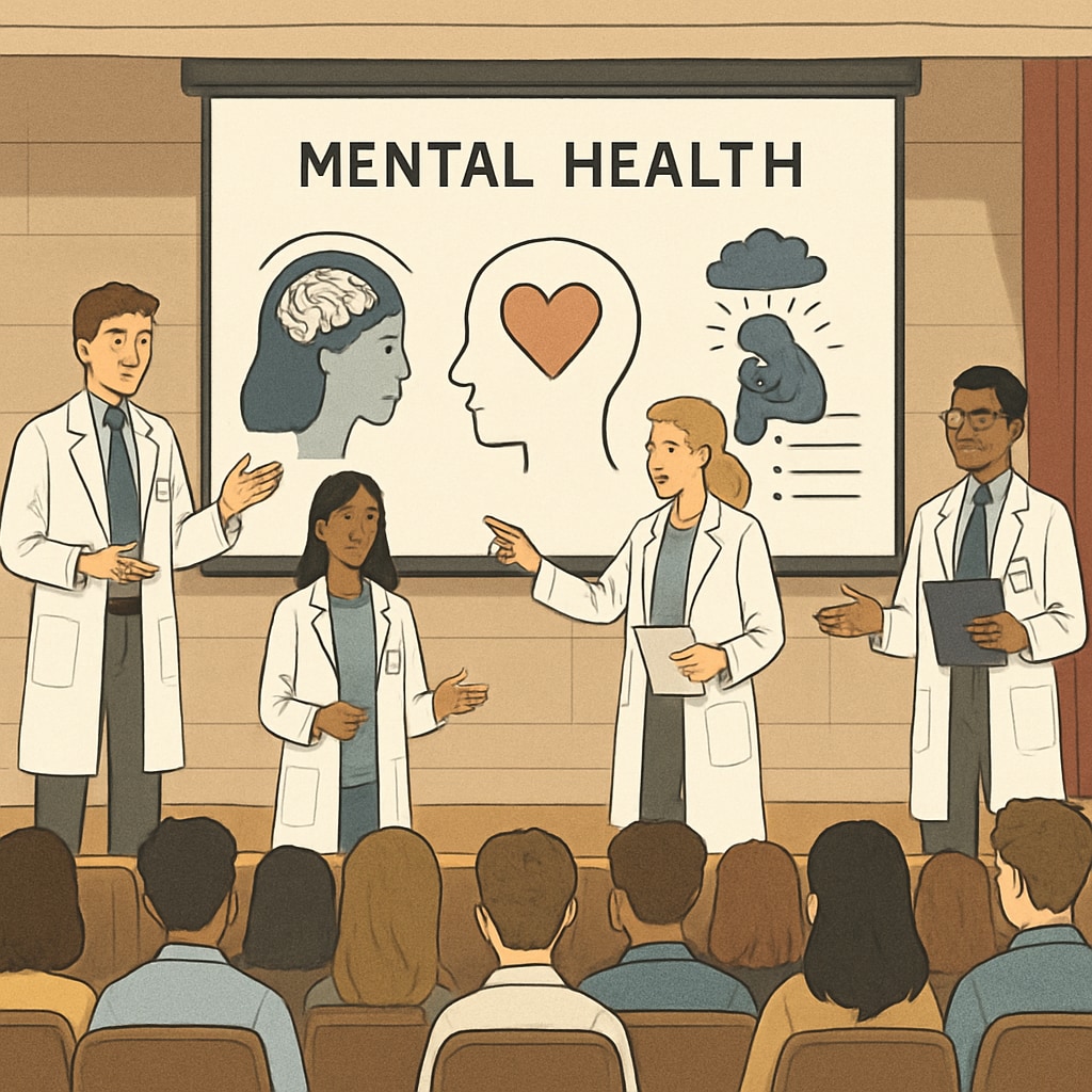 Medical students presenting mental health topics to high school students during an assembly.