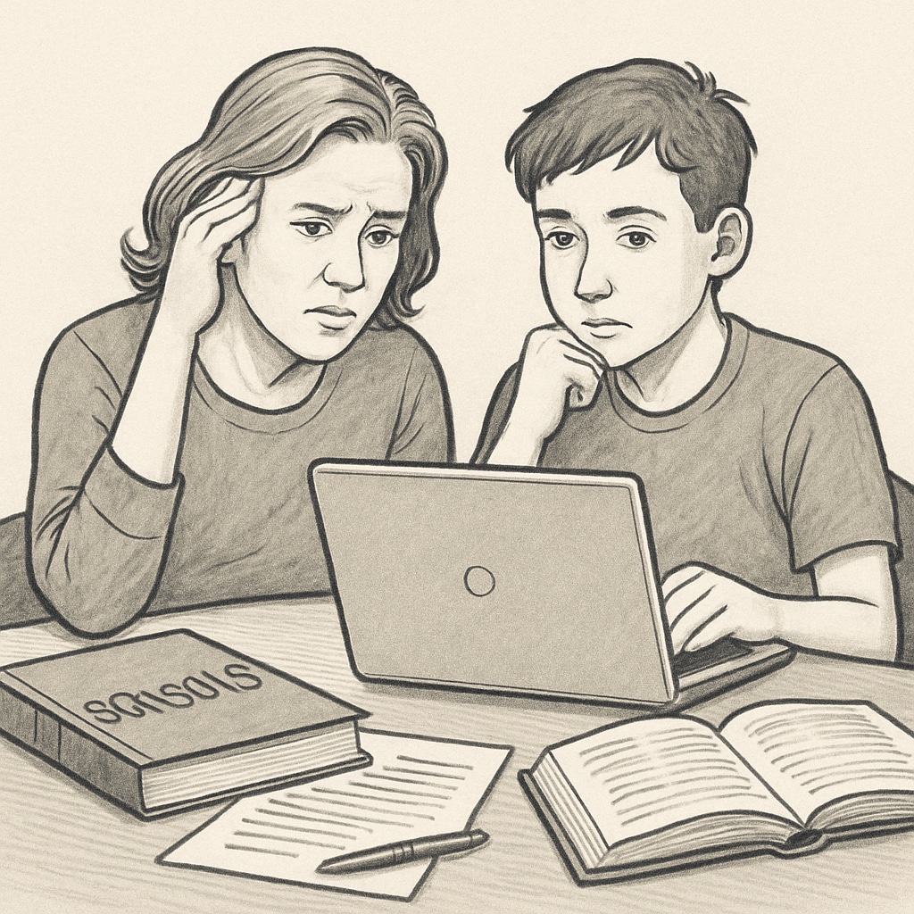 A parent and child exploring school transfer options online.