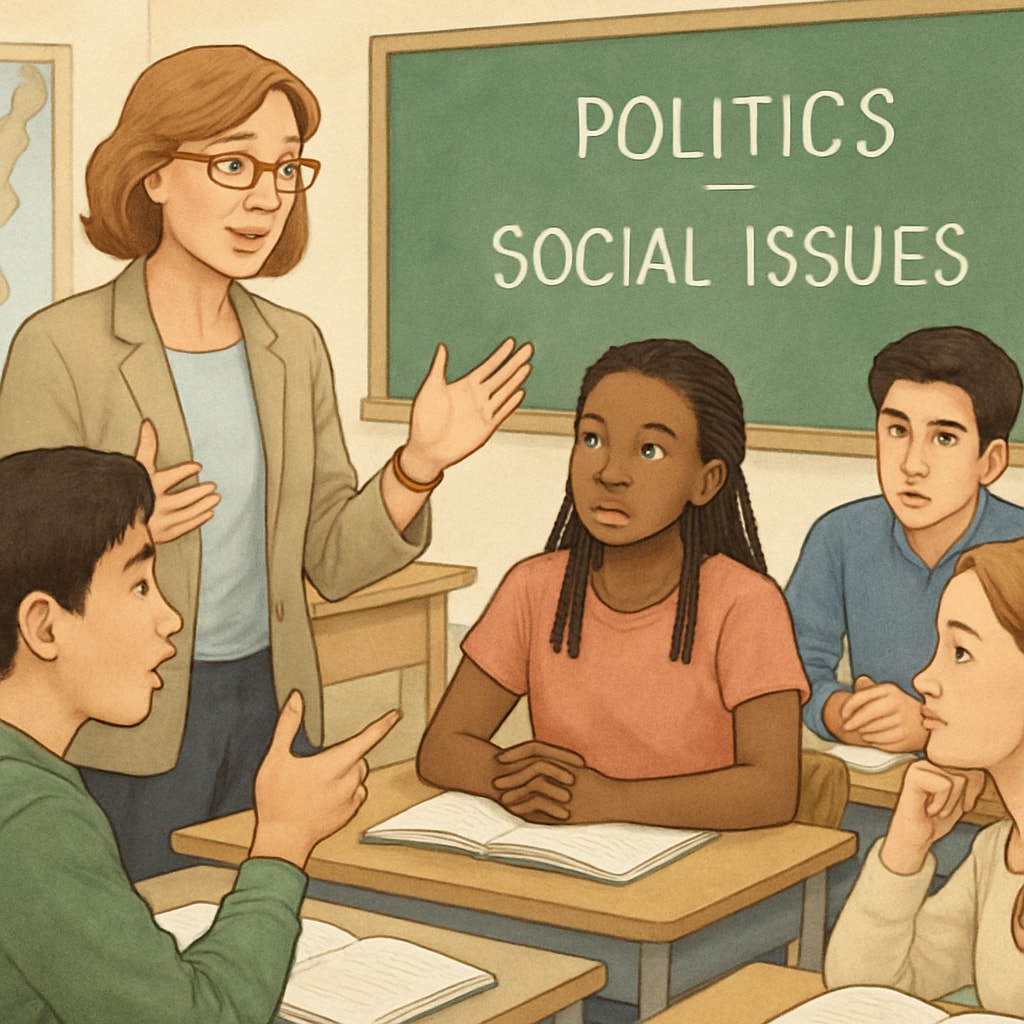 A classroom setting with a teacher and diverse students discussing political and social issues. A classroom scene representing intellectual diversity, featuring a teacher and students engaged in discussion.