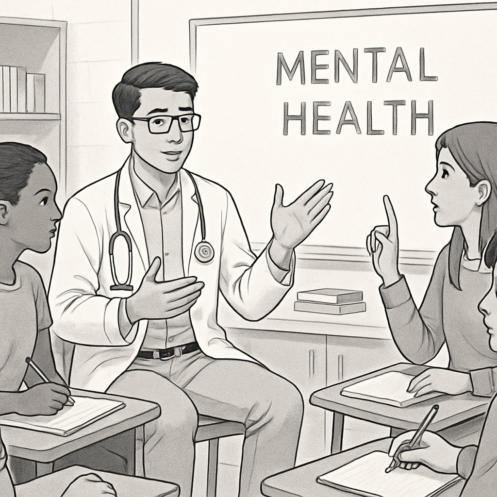 Medical student leading a small discussion on mental health with high school students.