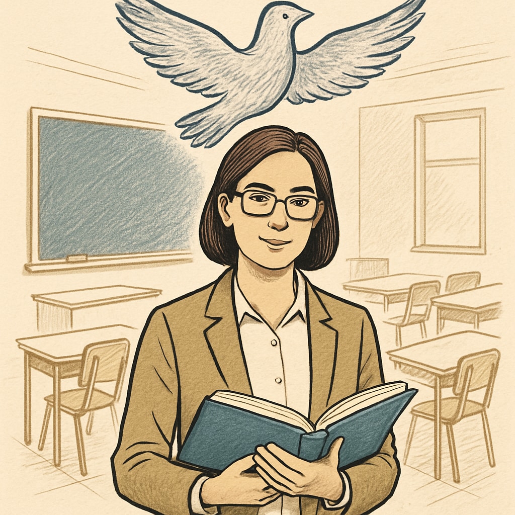 A teacher holding an open book, symbolizing freedom of thought and expression in education. A teacher symbolizing academic freedom and diversity of thought through the act of teaching.