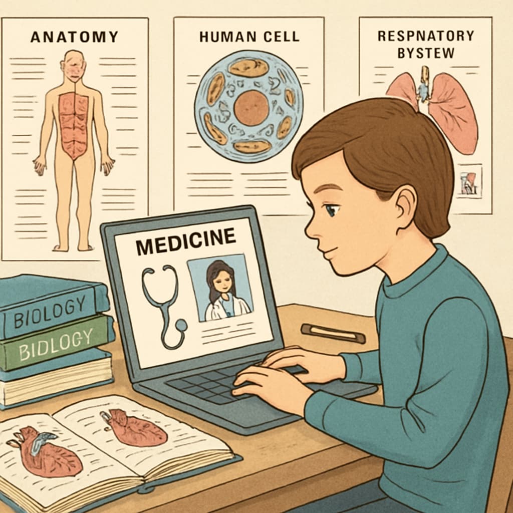 A K12 student studying an online medicine course on a laptop, surrounded by biology textbooks and diagrams. K12 student exploring medicine education through online courses.