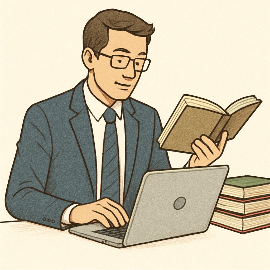 A professional multitasking with a laptop and textbooks, symbolizing the balance between career and education. Balancing career and education with a laptop and textbooks.