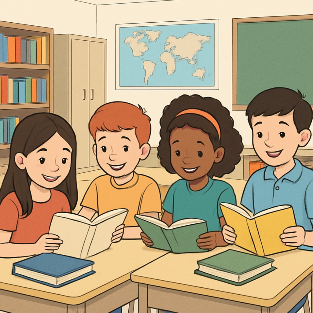 A group of elementary school students happily reading books in a classroom setting. Students enjoying books as part of a free reading comprehension system.