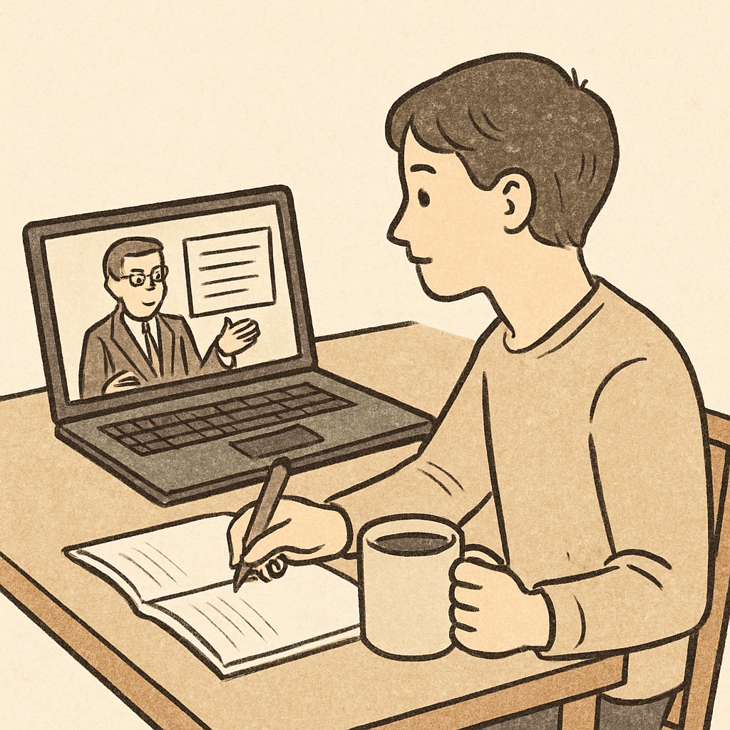A student attending an online lecture while sitting at a desk with a cup of coffee, illustrating flexible learning options. Online learning for professionals pursuing a master's degree.