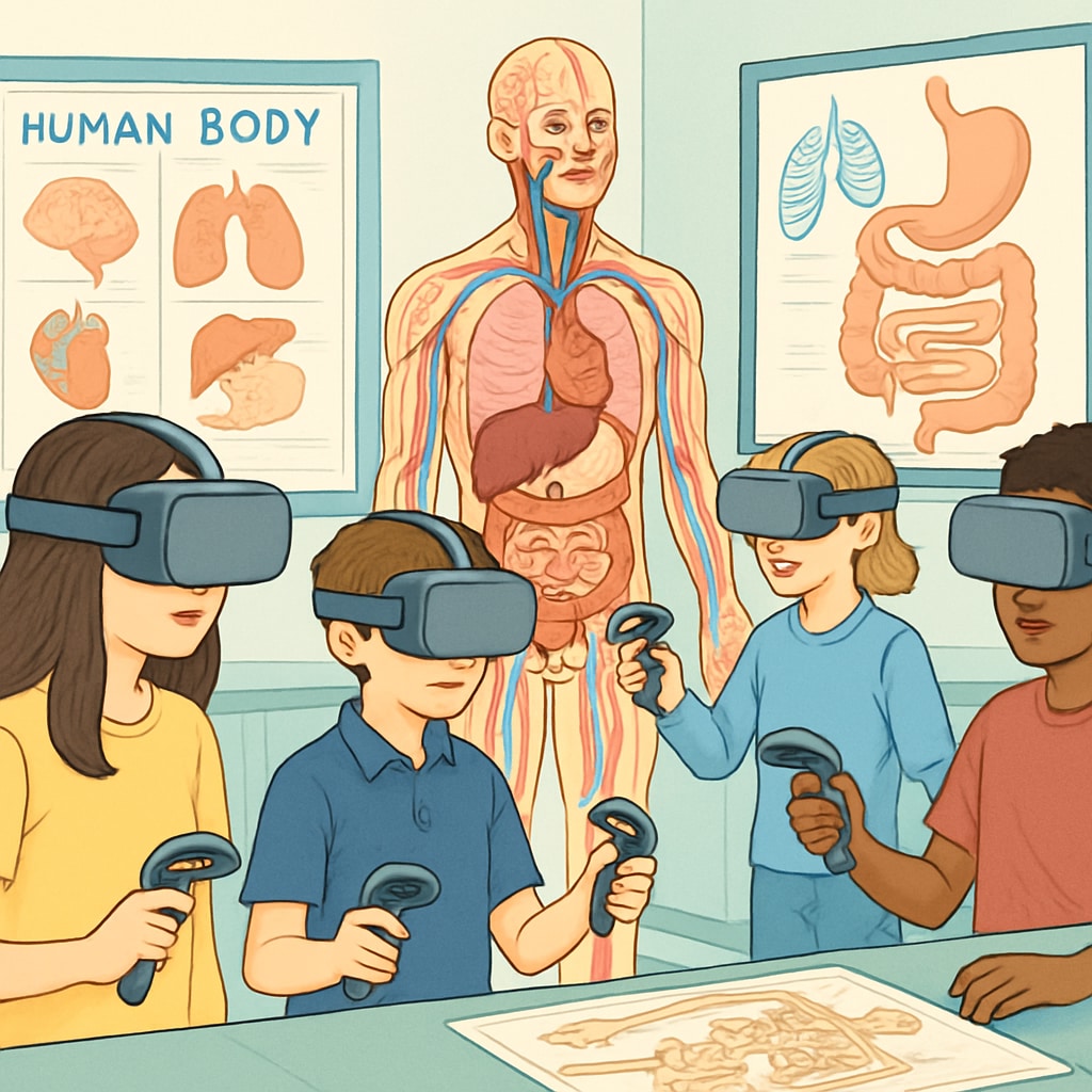 A group of K12 students using VR headsets to explore the human body in a virtual anatomy lab. K12 students learning about anatomy through VR technology.