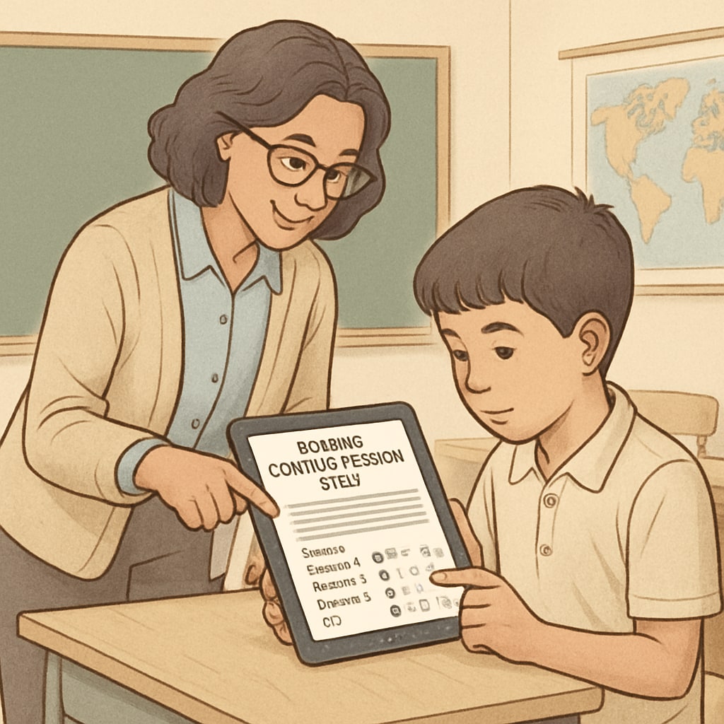 A teacher assisting a student with an online reading comprehension quiz on a tablet. Teacher helping a student with a quiz in a free reading comprehension tool.