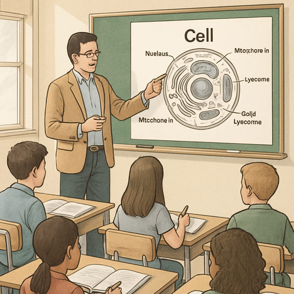Biology teacher explaining concepts to students in a classroom setting.