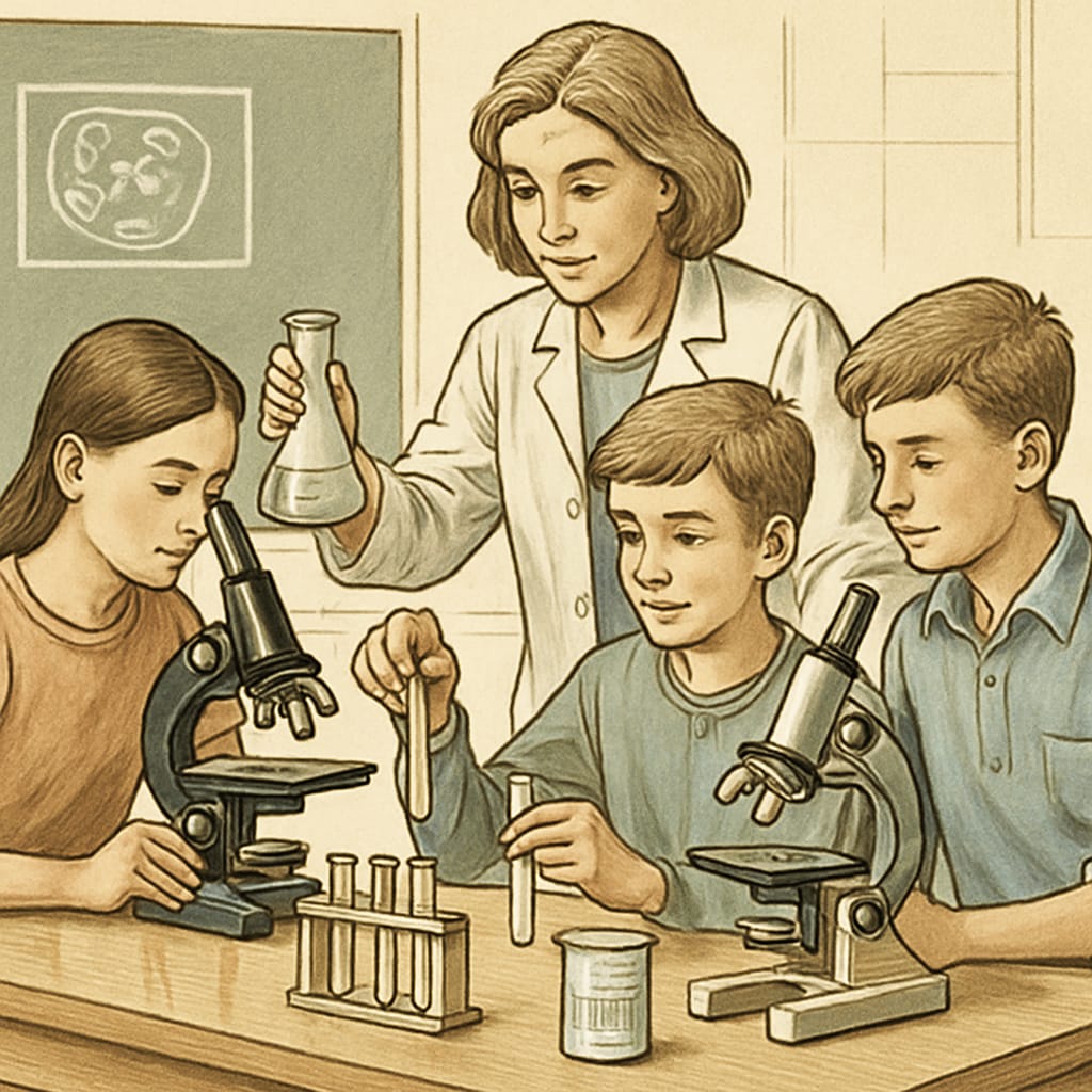 High school biology teacher conducting a lab experiment with students.