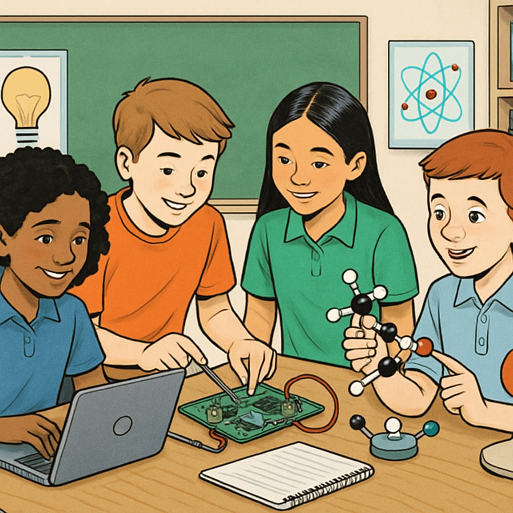 Public school students participating in a STEM project to highlight innovative programs. Public school students engaged in a STEM activity as part of innovation efforts.