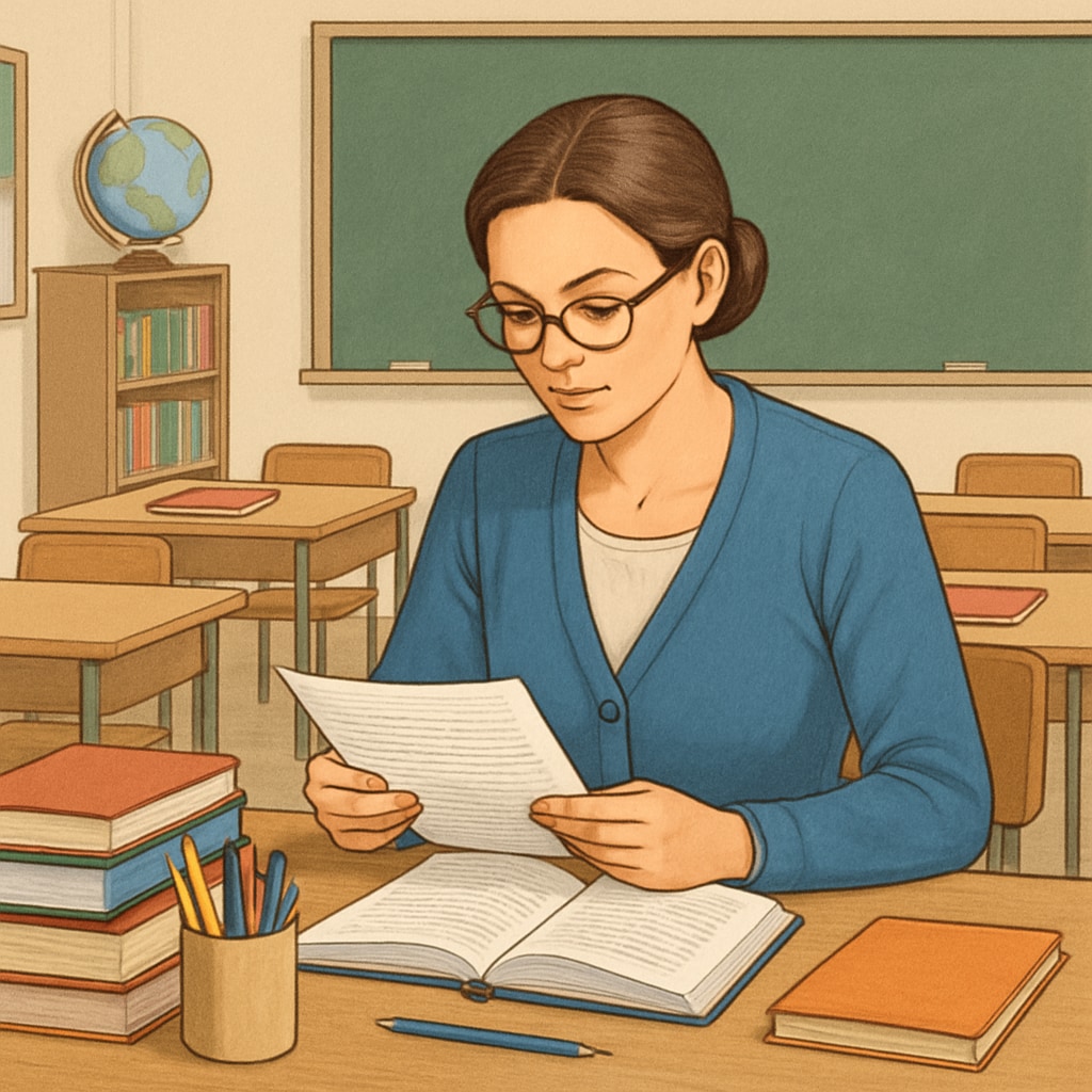 Teacher reviewing papers in a hiring process, representing political ideology test impact.