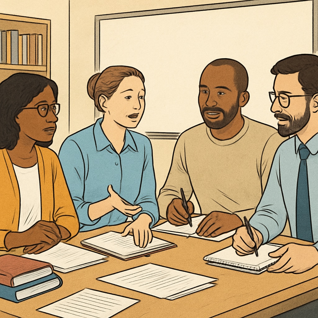 Group of diverse teachers collaborating, highlighting the importance of inclusivity in education.