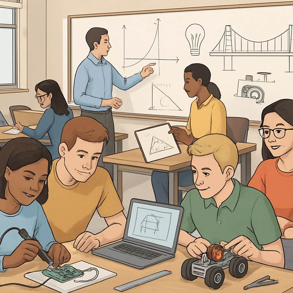 Students learning STEM concepts in a classroom, symbolizing education and engineering degrees.