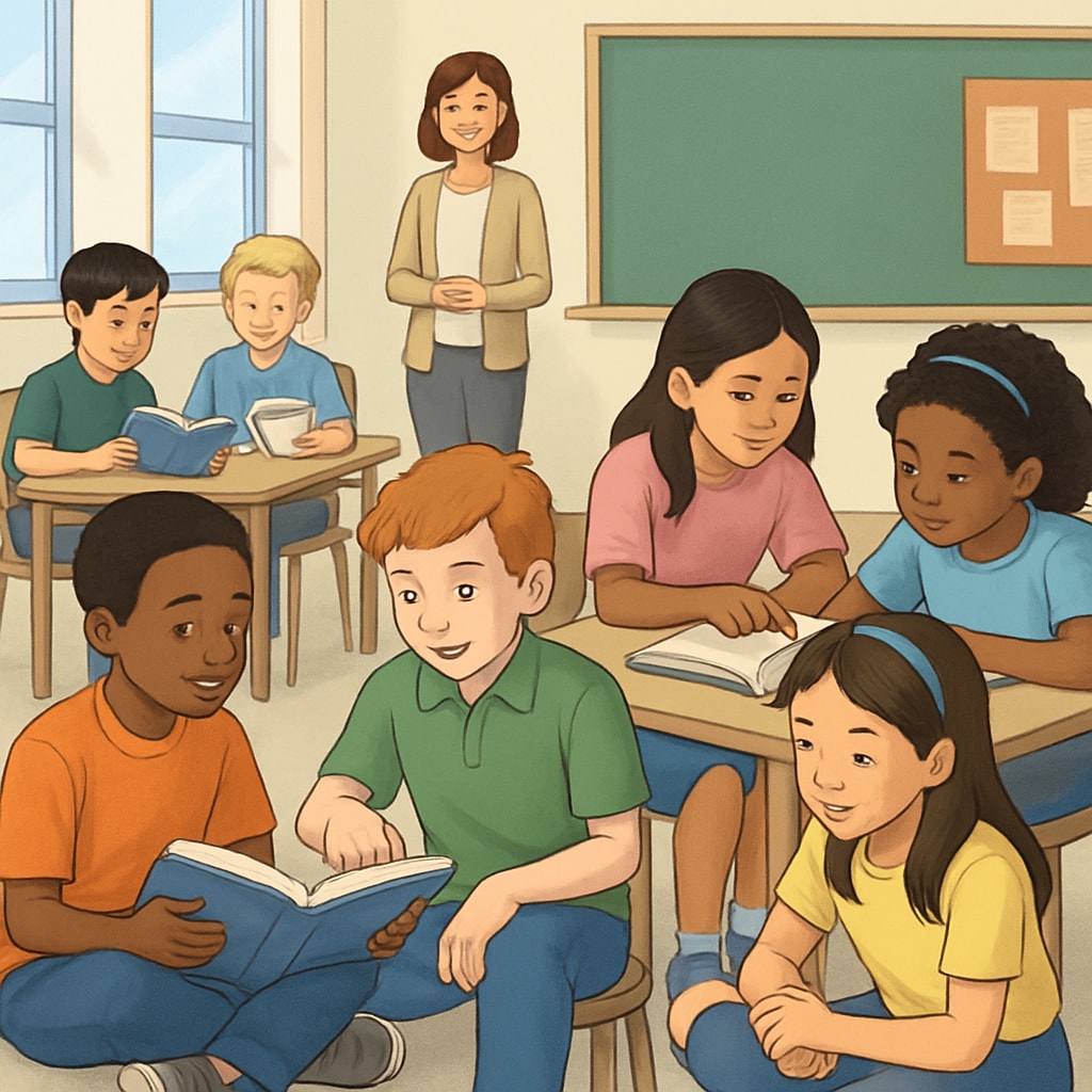 Children reading books together in a classroom setting, fostering reading interest.