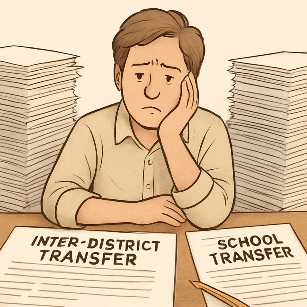 Parent reviewing school transfer paperwork, highlighting communication challenges.