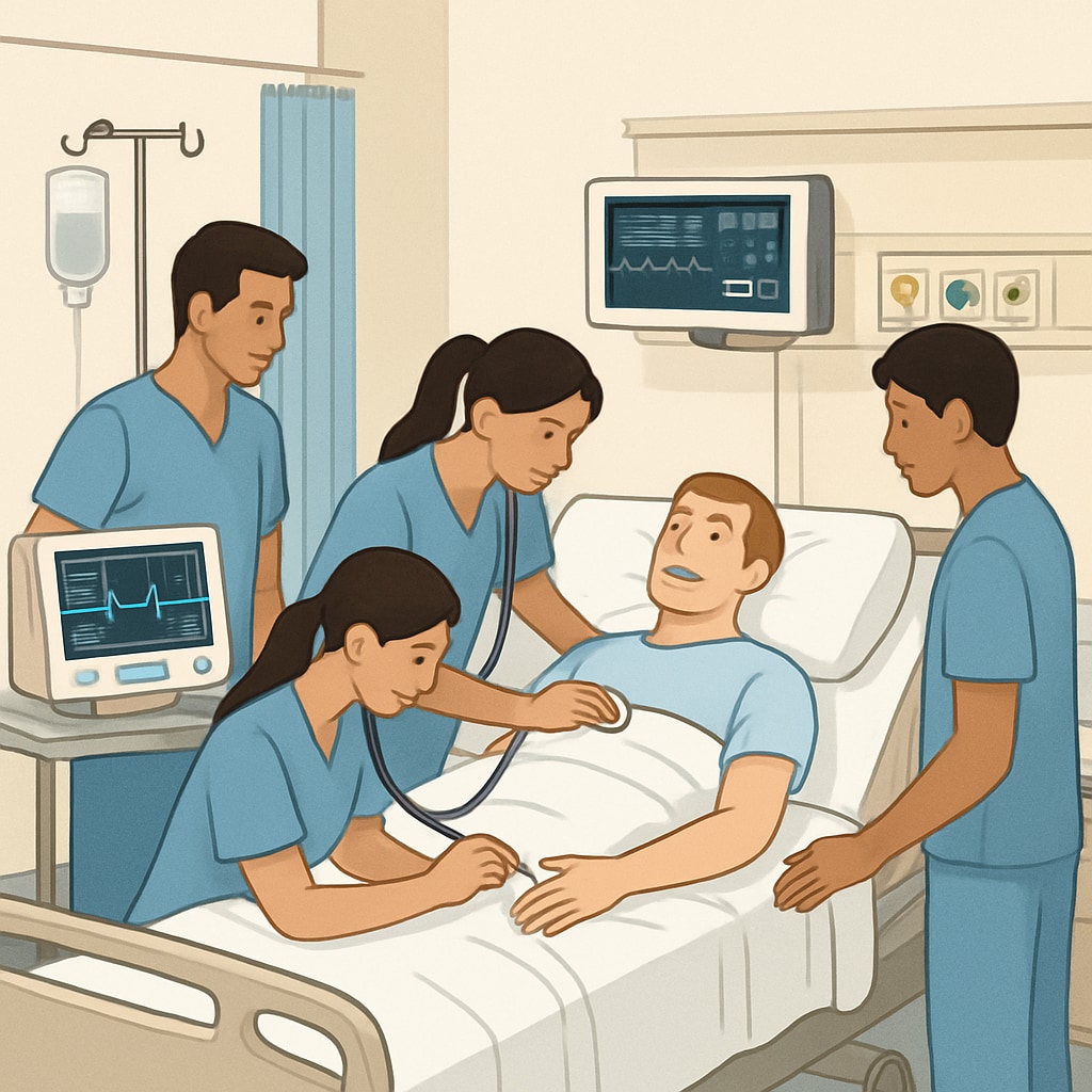 A group of nursing students practicing clinical skills in a simulated hospital environment, emphasizing hands-on training opportunities. Nursing students practicing clinical skills in a simulated hospital.