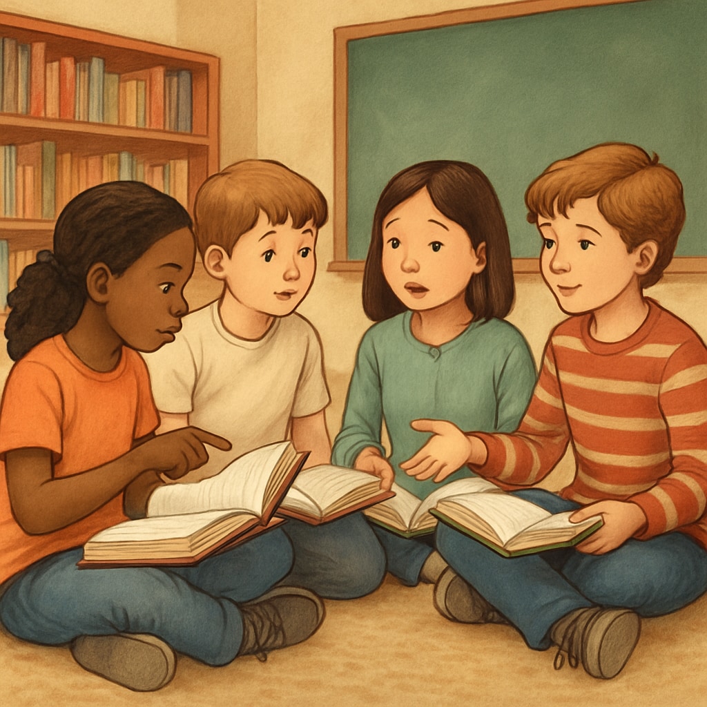 Kids engaged in a book club discussion, sharing ideas about their favorite books.