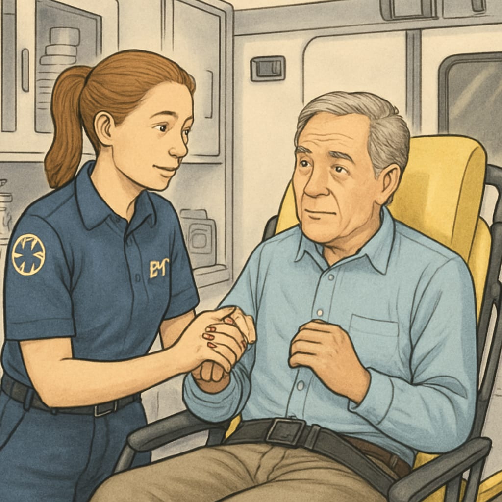 An EMT assisting a patient in an ambulance, symbolizing the transition to nursing and the value of healthcare experience. EMT assisting a patient in an ambulance, showcasing transferable skills for nursing.