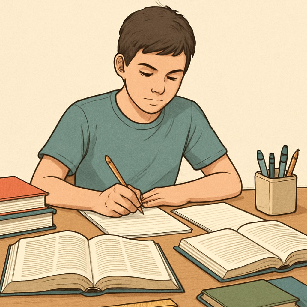 A teenager sitting at a desk, independently studying with books and notes spread out. The image emphasizes the theme of autonomous learning. Teenager studying independently, illustrating academic motivation and autonomy.