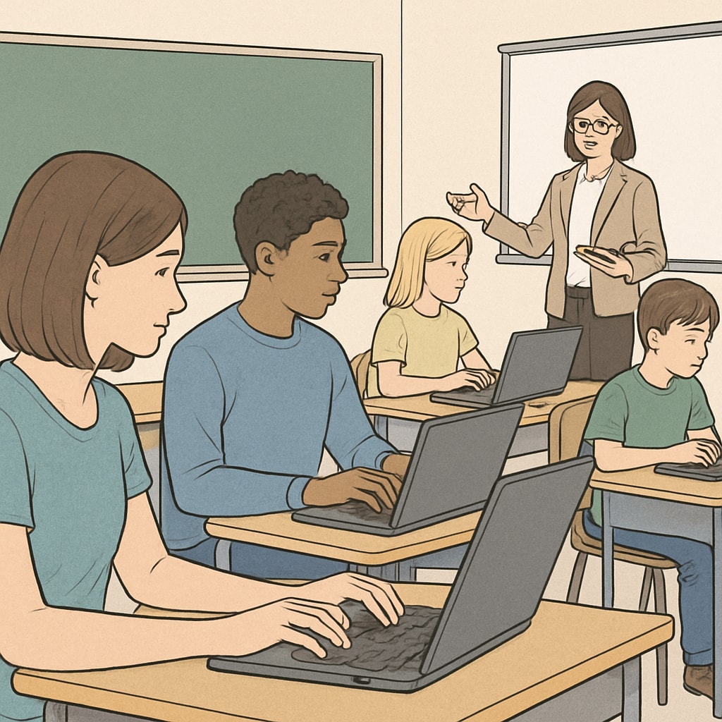 Students using laptops in a classroom, reflecting the use of online resources in education.