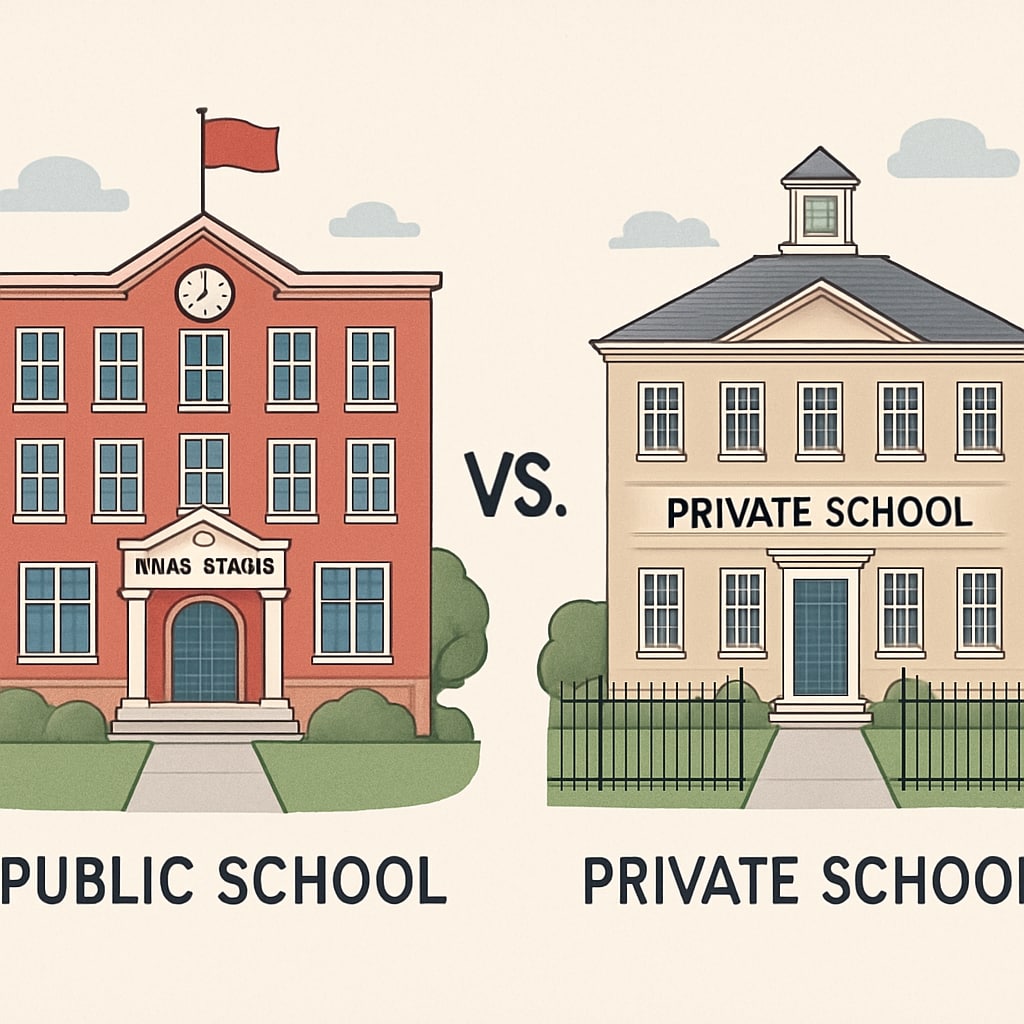 Public school and private school side by side, representing the competition driven by voucher programs.