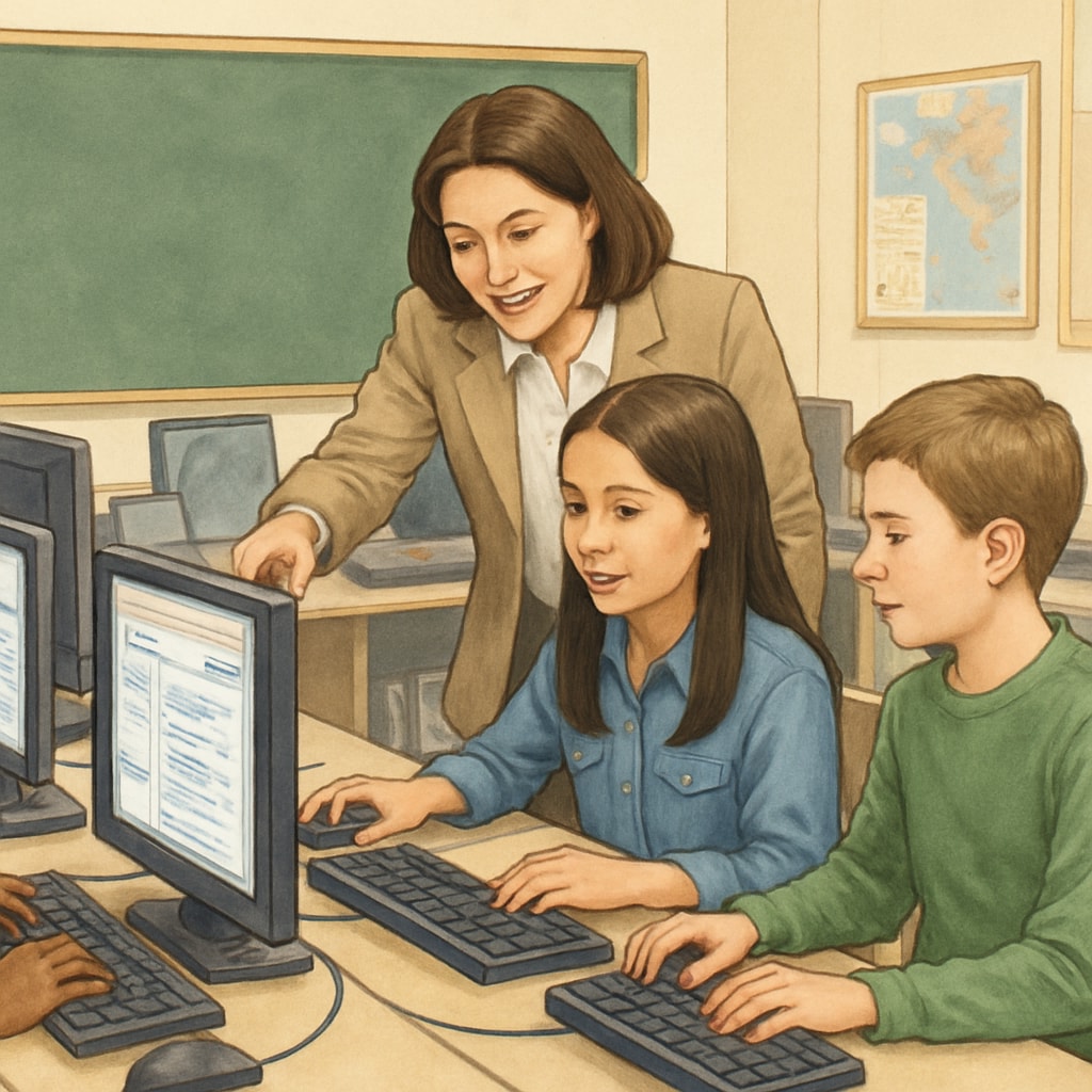 A teacher helping students in a computer lab, emphasizing the role of internet access in K-12 education.