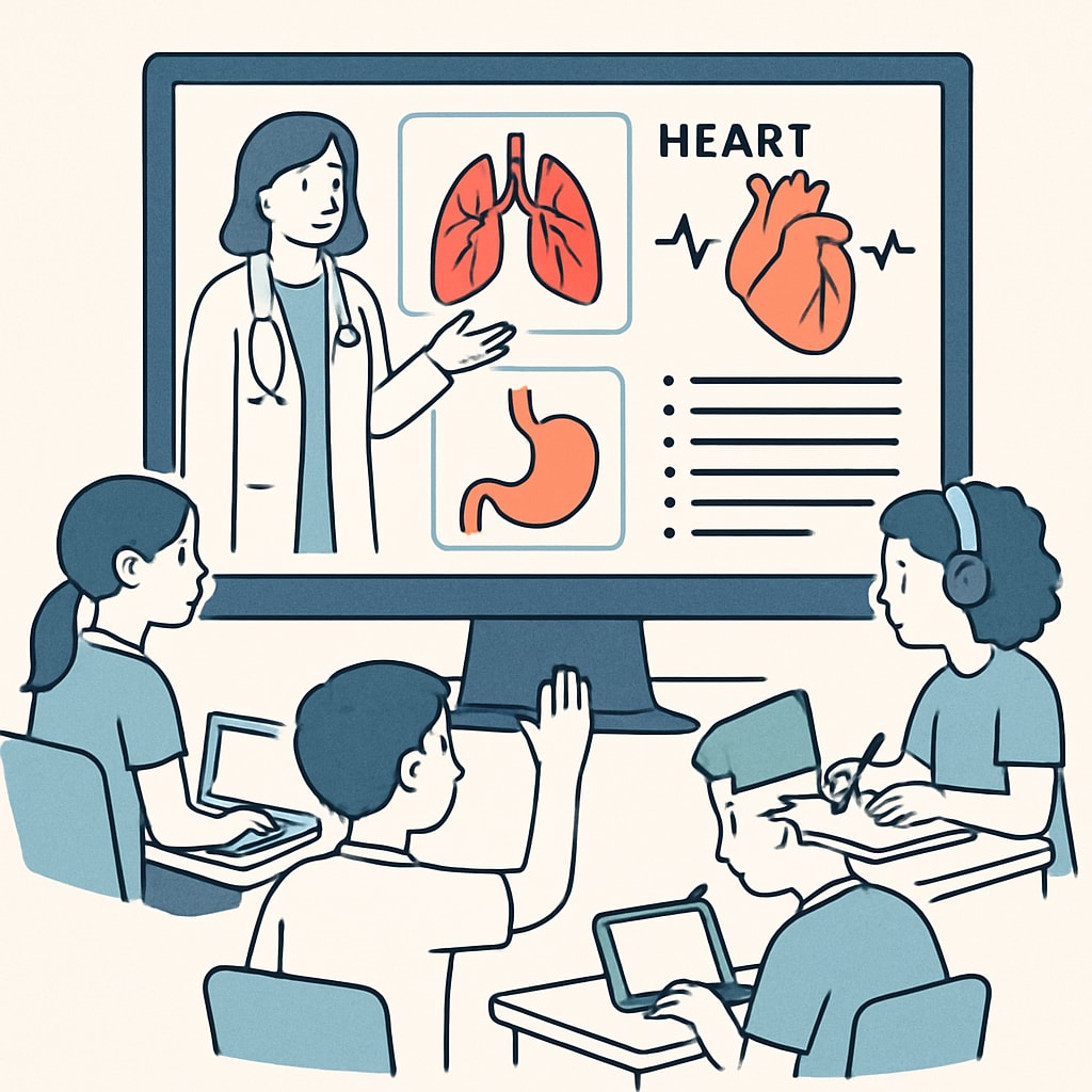 K12 students learning through an interactive online medical education course.