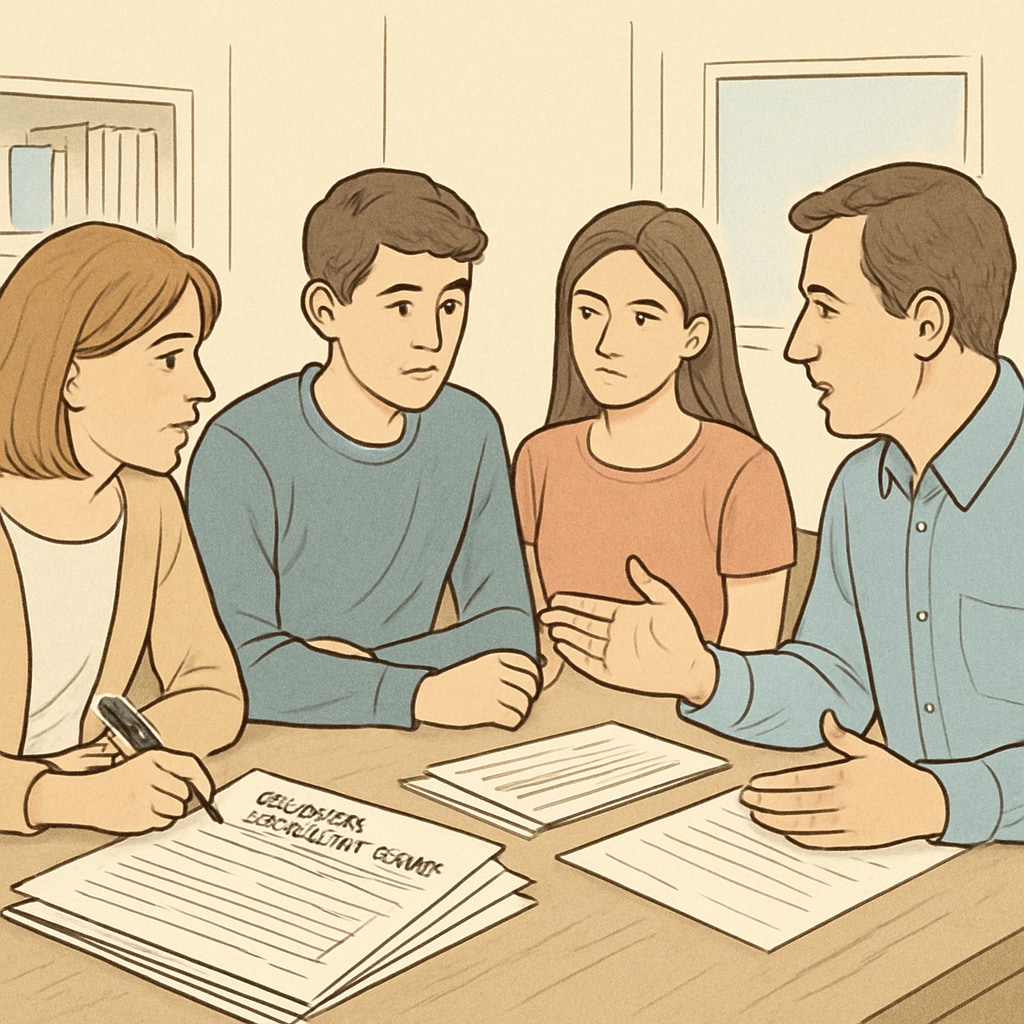 Parents and child completing school transfer forms, addressing discrimination challenges.