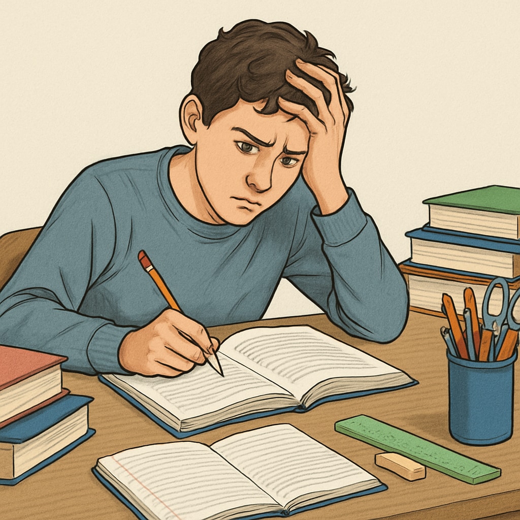 Stressed teenager studying, reflecting academic challenges.