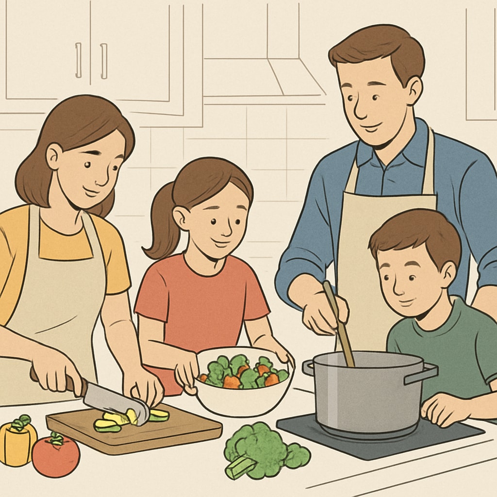 Family cooking healthy meals, promoting teen well-being.