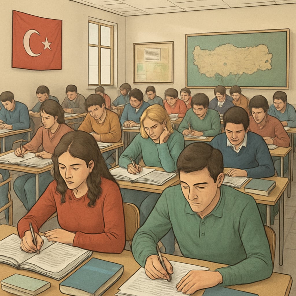 Students in a Turkish classroom preparing for exams, highlighting exam pressure.