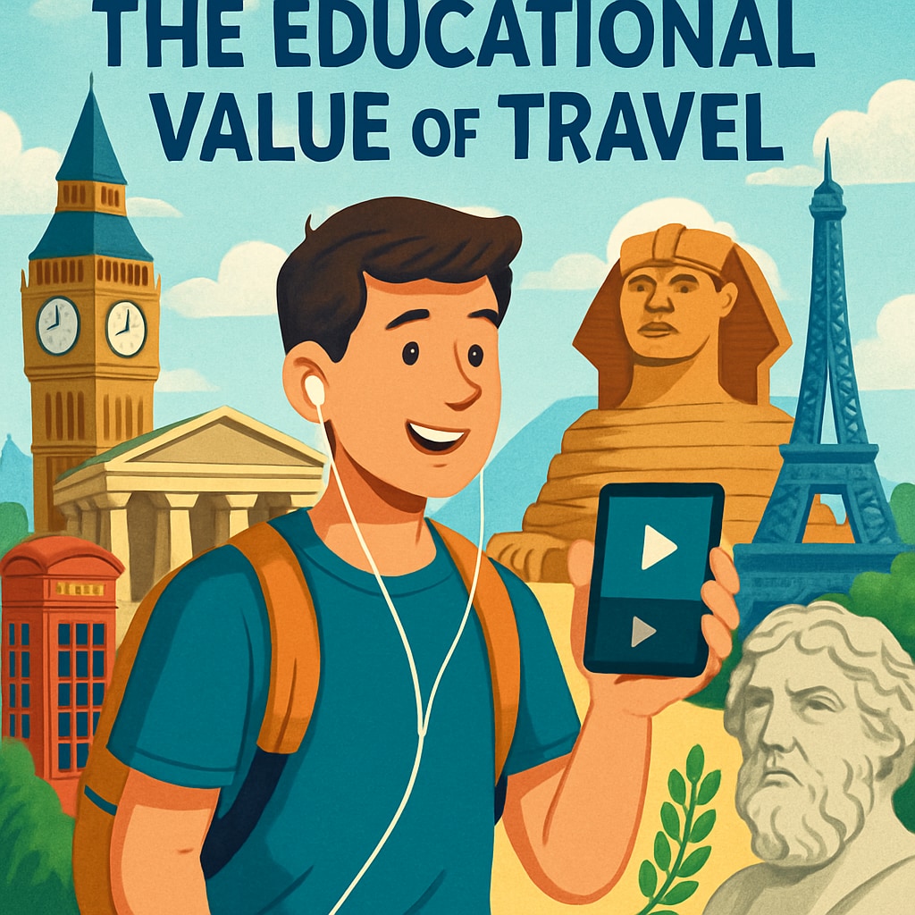 Student exploring historical landmarks via travel short videos.