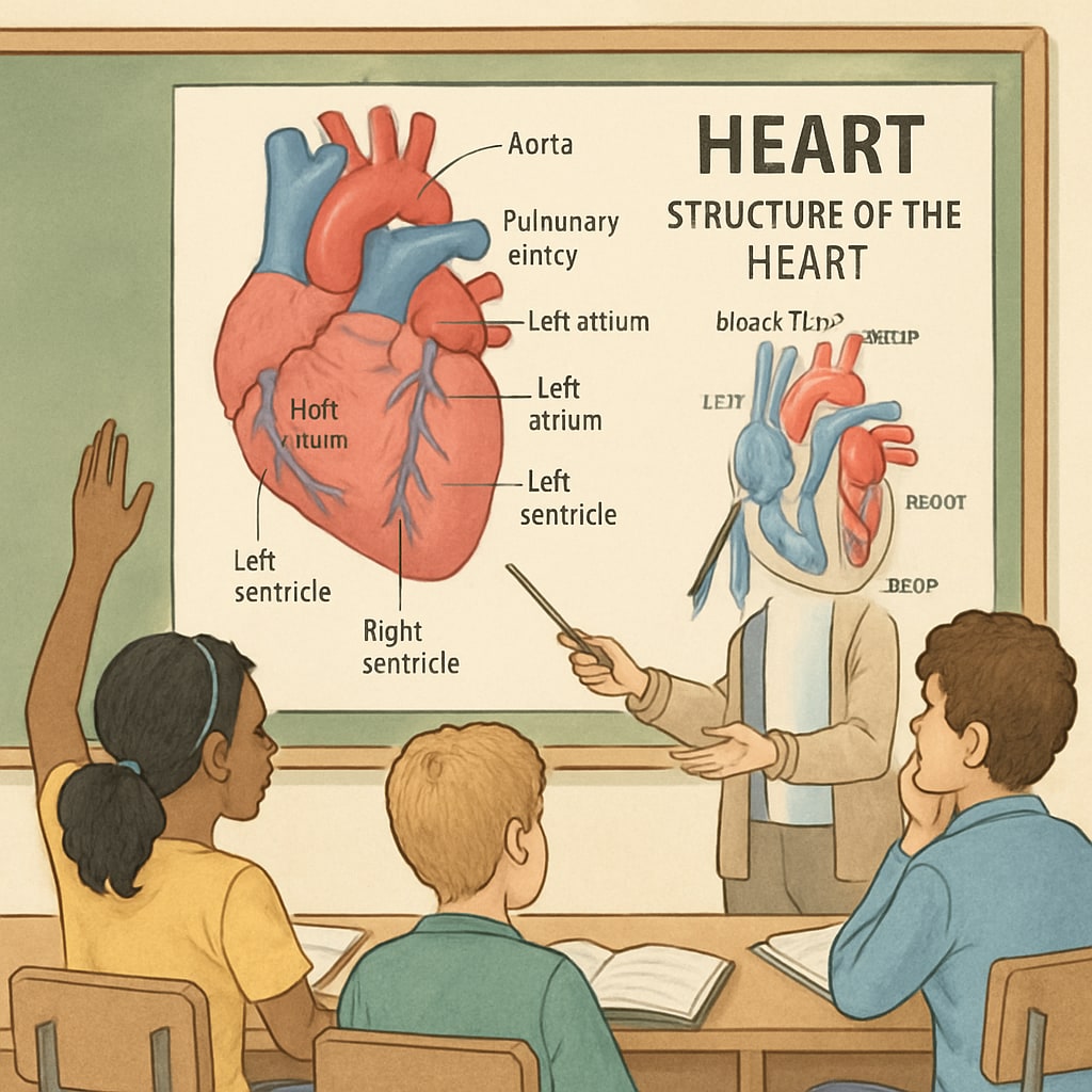 Students learning about the human heart anatomy in a classroom.