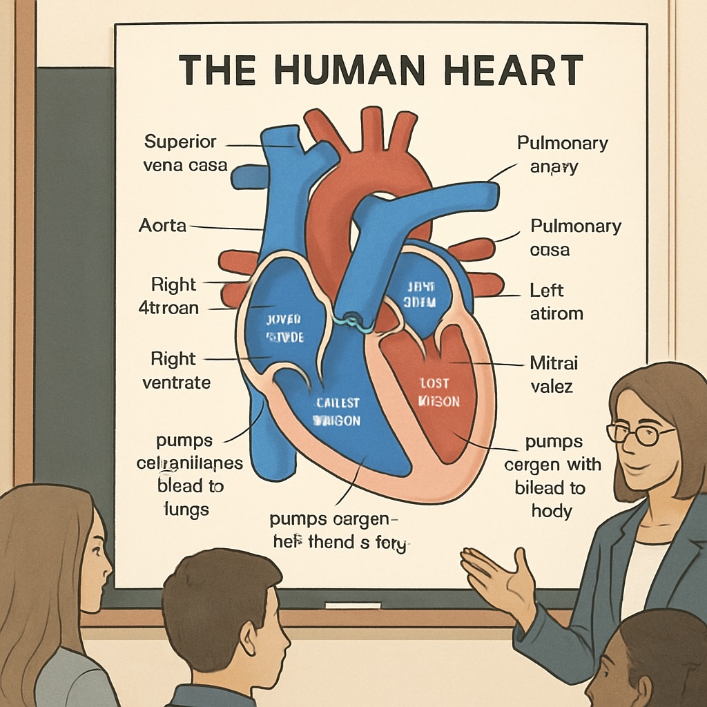 Human heart diagram used in a classroom discussion about cardiology.