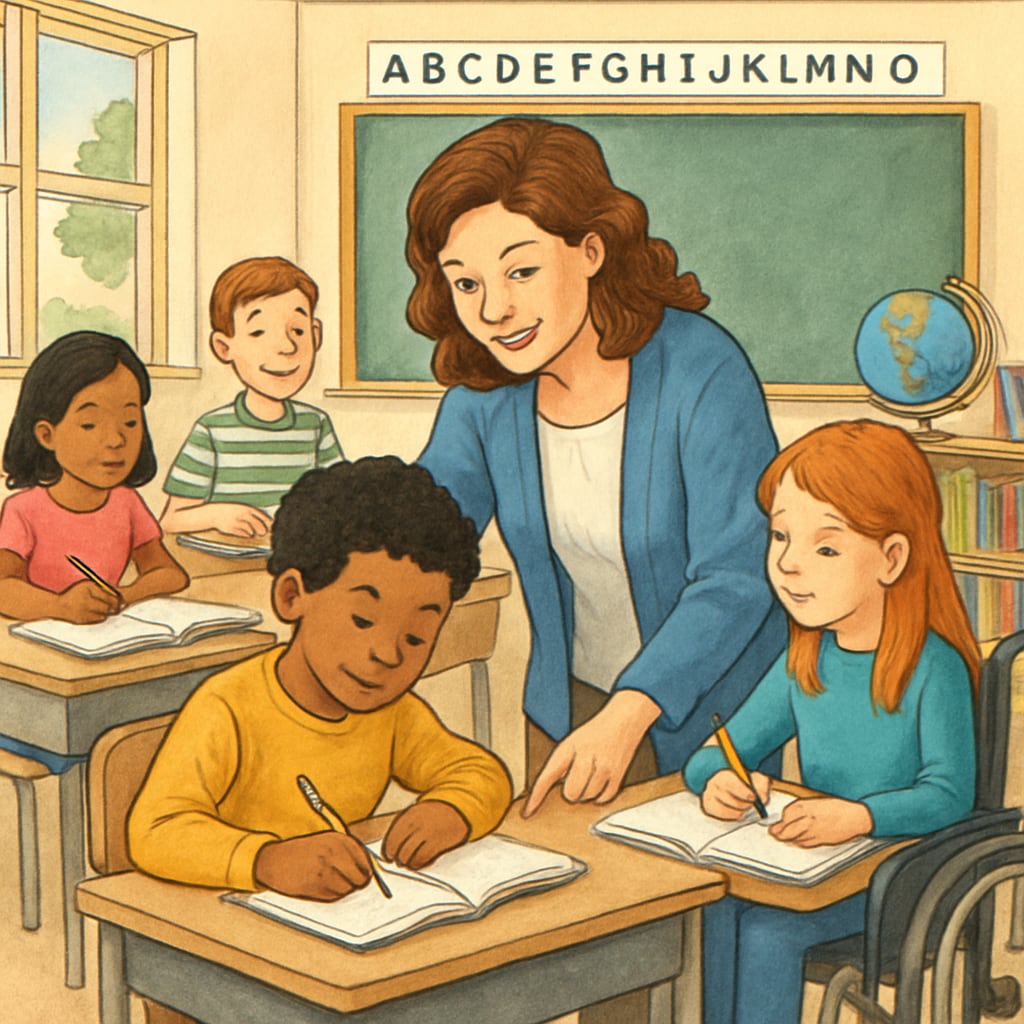 Classroom showing diverse students and specialized support for special needs.