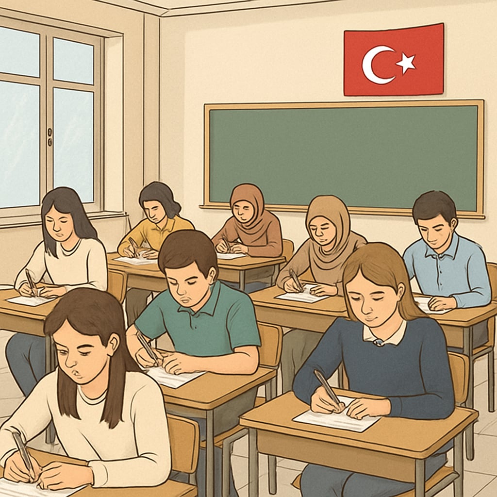 Turkish students studying for standardized exams in a rigid education system.