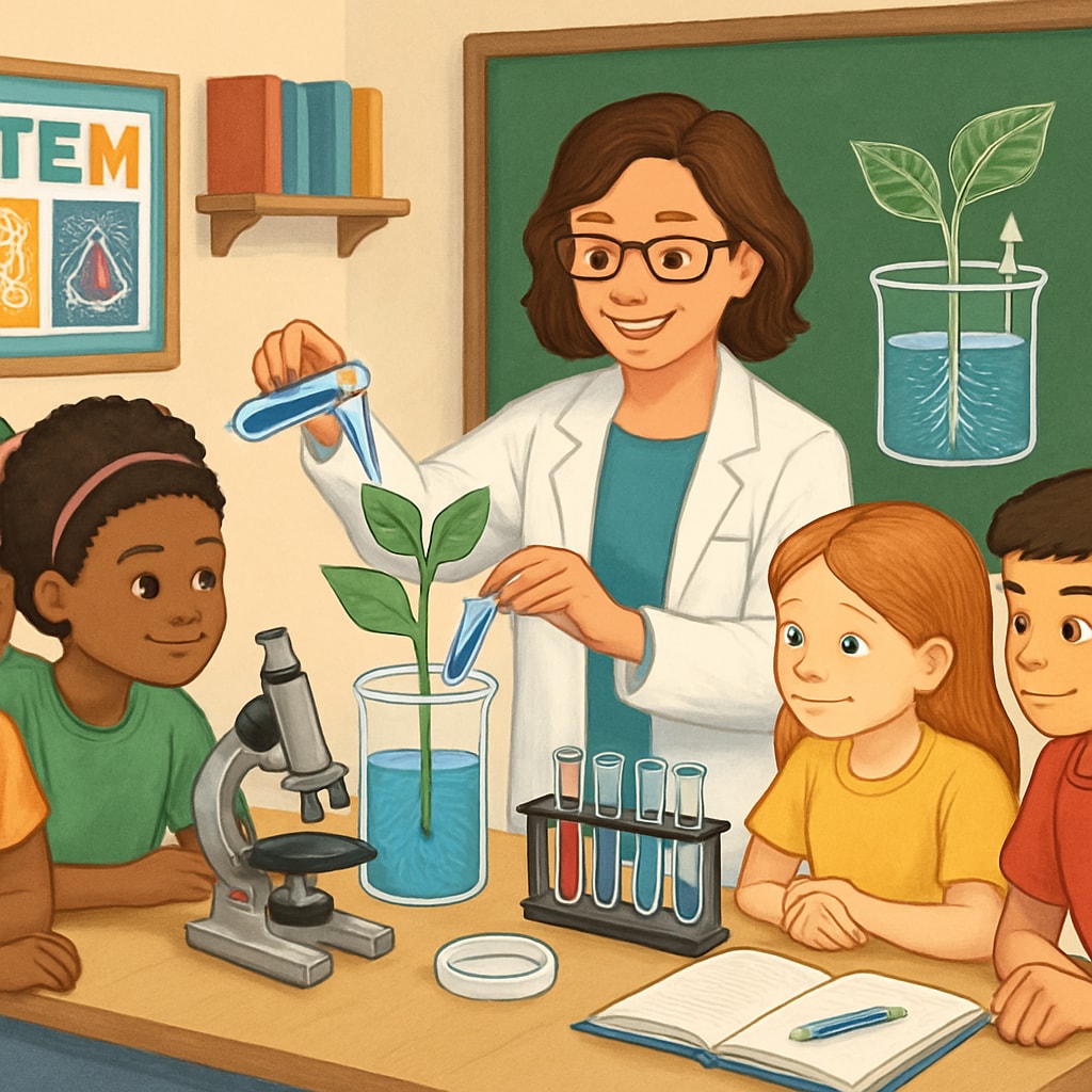 Biology teacher demonstrating an experiment in a classroom to inspire STEM learning.