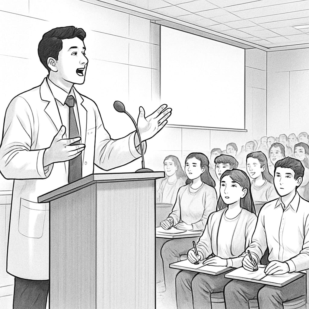 Medical student delivering a mental health talk to high school students.