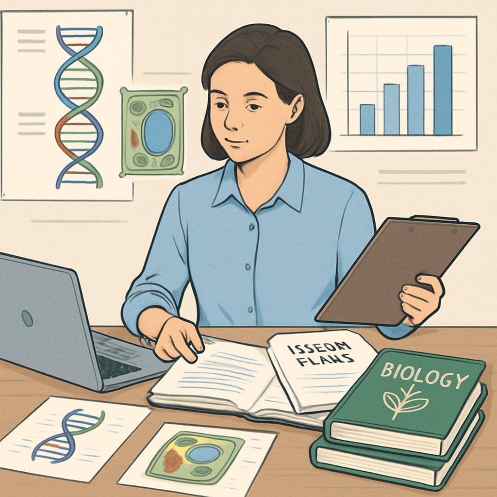 Biology educator preparing lesson plans using textbooks and digital tools for classroom instruction.