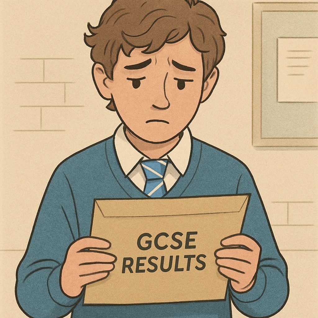 A student receiving their GCSE results, symbolizing the impact of academic performance on future opportunities.