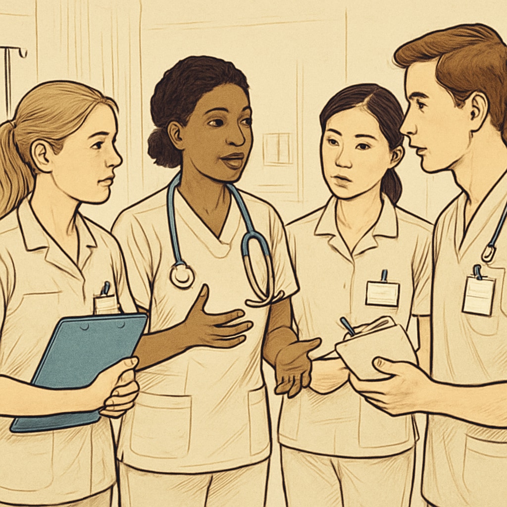 Nursing students in a clinical environment discussing patient care.